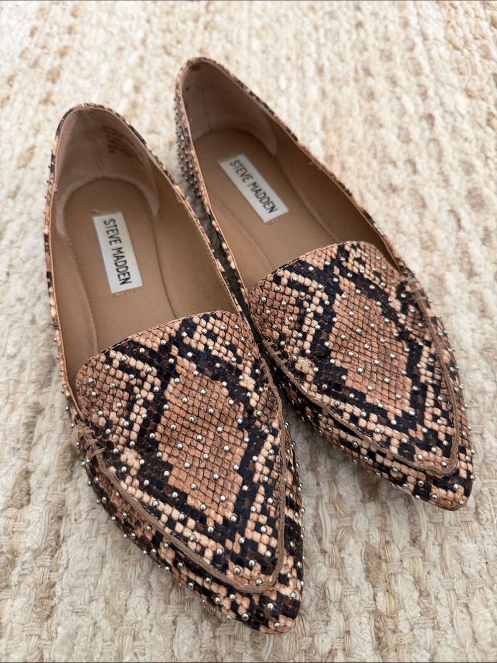 Steve Madden Snake-Print Pointed Toe Loafers in Tan and Black
